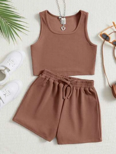 SHEIN Tween Girl Solid Tank Top & Drawstring Waist Shorts,Summer Clothes Summer Outfits