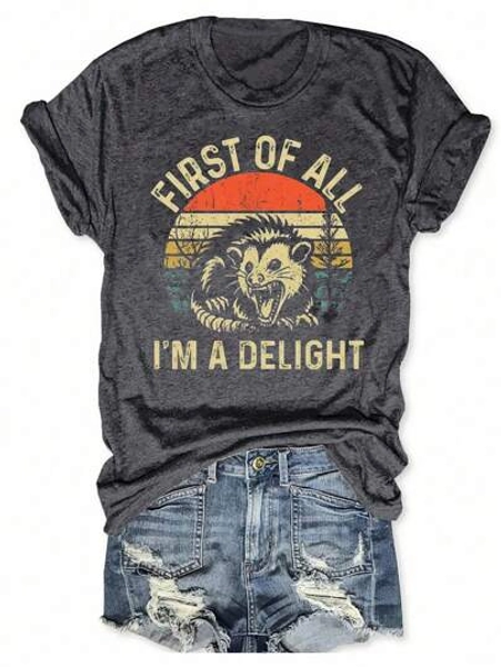 EMERY ROSE 1pc Women's Funny Angry Mouse Graphic Print Round Neck T-Shirt, Delighted Satire Graphic Tees Women Tops