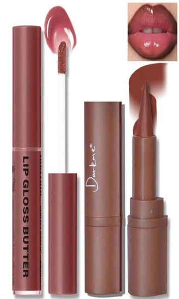 HOSAILY Lip Liner Butter Gloss Set, Dark Brown Plumping Lip Liner Lip Pencil Moisturizing Lightweight Lip Gloss Lip Combo, High Shine Glossy Lip Tint Lip Stain Makeup Long Lasting Lip Care For Women