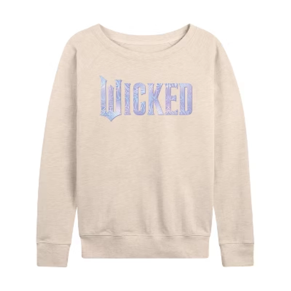 Women's Wicked Sparkle Logo Lightweight French Terry Wide Neck Long Sleeve Graphic Shirt - Birch - Large