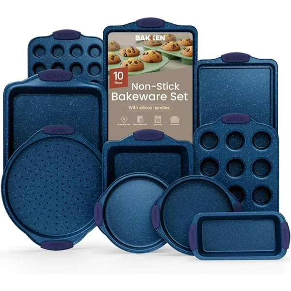 Bakken- Swiss Kitchen Baking Pan Set - Nonstick Coating, Carbon Steel Bakeware Sets with Blue Silicone Handles, Baking Kitchen Essentials, Oven Safe Tray (Up To 450° F), Set of 10