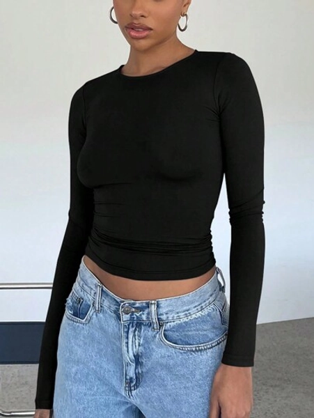 Elegant & Versatile Women Plain Crew Neck Long Sleeve Ruched Fitted Slim Fit T-Shirt,Suitable For Summer And Autumn/Winter Seasons