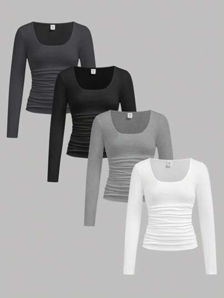 SHEIN 4pcs Tween Girl Casual Solid Color Comfortable Square Neck Long Sleeve T-Shirt Set