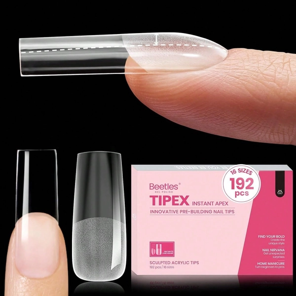 Beetles Tipex Instant Apex Nail Tips, Stiletto Medium, 16 Sizes (00–14), 192pcs, Built-In Apex, No Builder Gel Required, Thicker Strong Acrylic Tips For DIY Nail Extensions