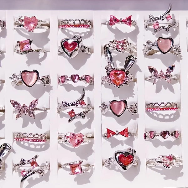 10pcs Exquisite Pink Synthetic Zirconia Heart Love Butterfly Rings Set for Women Mix Style Fashion Open Adjustion Finger Jewelry Party Gifts