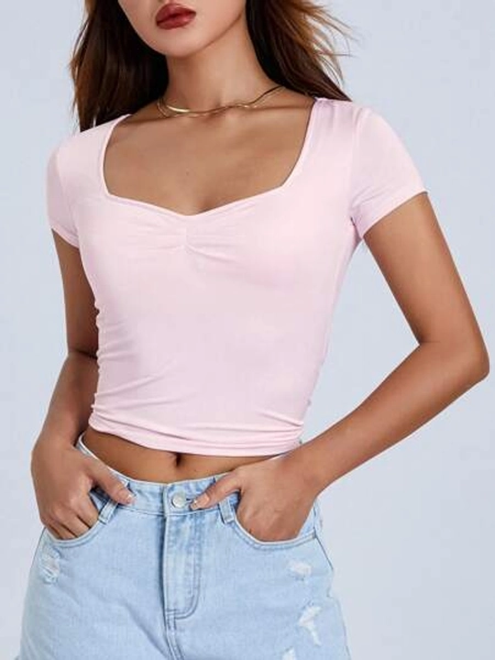 Women T-Shirt, Low-Cut Short Sleeve Pleated Solid Slim Fit Summer Tops For Casual Daily
