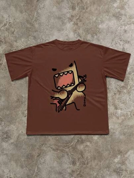 INAWLY Women's Oversized Coffee Brown Round Neck T-Shirt, Rock Guitar & Cartoon Print Graphic Tee, Casual Pullover For Spring/Summer/Autumn