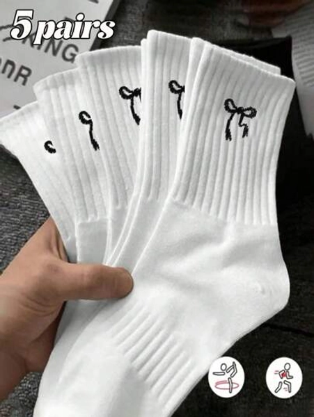 5/9 Pairs Solid Color Bow Decor Women's Mid-Calf Socks, Fashion Minimalist Casual Comfortable Everyday Versatile Socks, Suitable For All Seasons Christmas Gift