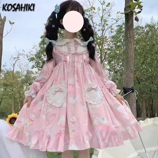 KOSAHIKI New Kawaii Japanese Lolita Vintage Dress Lamb Printing   Women Soft Girl Style Cute Princess Lace   - AliExpress 200000345