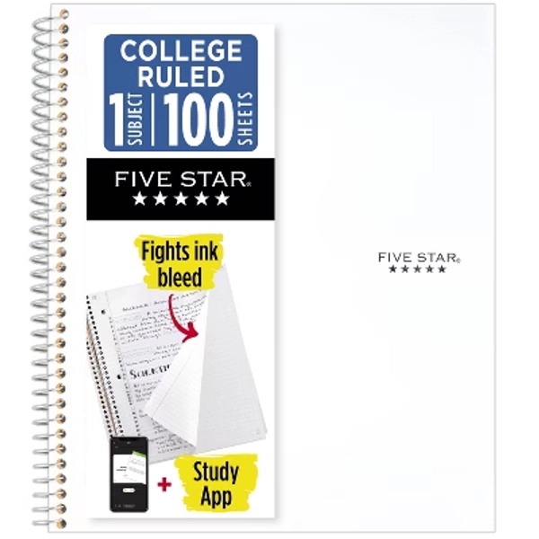 Five Star 8.5"x11" 1 Subject College Ruled Notebook White 100 Pages