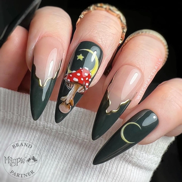 Press on nails, dark green nails, mushroom nails, moon press ons, mushrooms, Cottagecore nails, stick on nails, witchy press on, fairycore