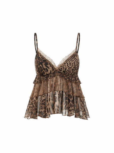 Chiffon Chiffon Leopard V-neck Lace Trim Cami Top For Daily Casual Date