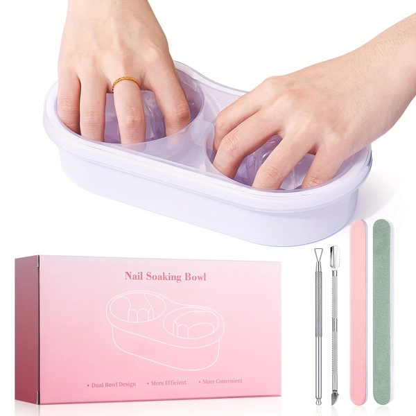 Dual Nail Soaking Bowl: 2-in-1 Nail Polish Remover Manicure Bowl with Cuticle Tools for Women, Time-Saving Soak Off Acrylic Nail Removal Kit for Salon Home