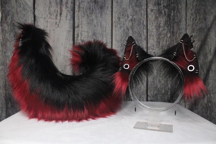 Dark Red and Black Wolf Ears and Tail