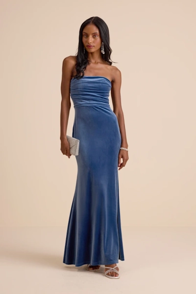 Maren Slate Blue Velvet Strapless Mermaid Maxi Dress