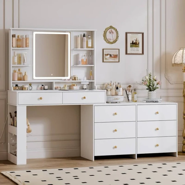 Makeup Vanity Desk With Large Mirror And Lights&charging Station,modern Corner Makeup Vanity Table With 8 Storage Drawers And 8 Shelves,Makeup Table