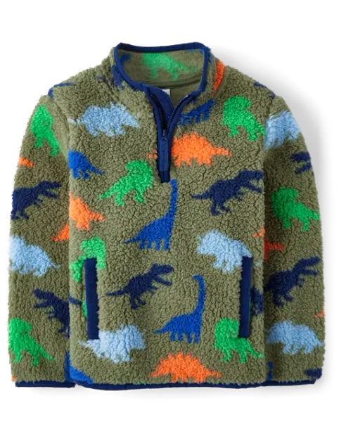 Boys Dino Sherpa Half Zip Pullover - Little Essentials - Green