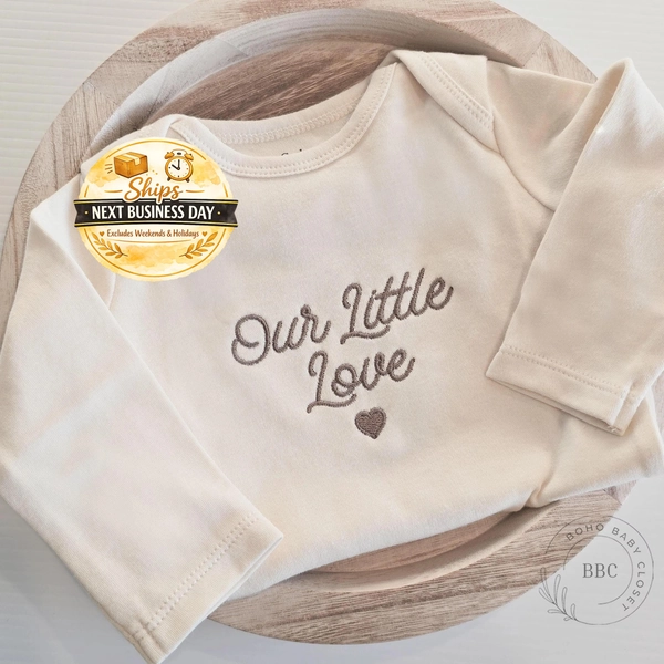 Embroidered Our Little Love Onesie® Girl, Boy, Pregnancy Announcement Onesies® Brand,  Baby Cute Onesie® Custom Natural Neutral Bodysuit C20