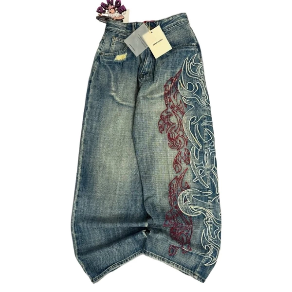 VibeStreet Y2K American New Pattern Embroidery Baggy Jeans High Street Vintage Hip Hop Fashion Casual Joker Couple Wide-leg Pants