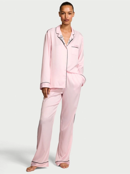 Angel Pink with Embroidery Satin Long Pyjamas Set
