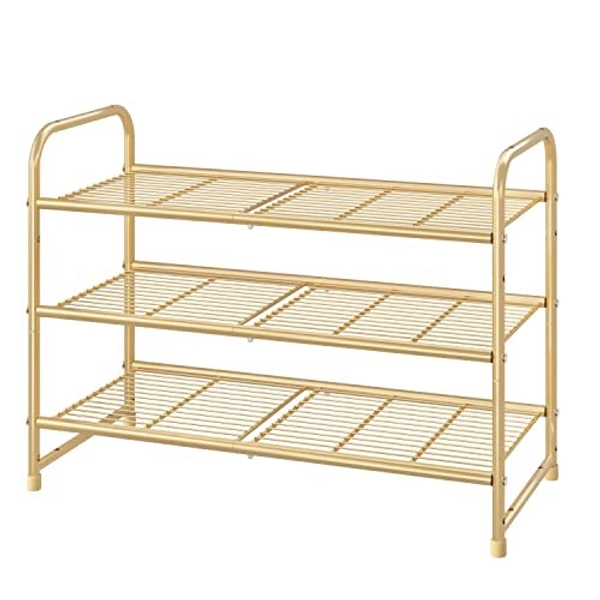 Simple Trending 3-Tier Stackable Shoe Rack, Expandable & Adjustable Shoe Shelf Storage Organizer, Wire Grid, Golden Yellow