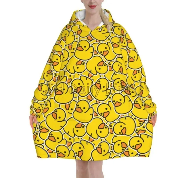 Wearable Blanket Hoodie Yellow Cartoon Ducks Oversized Sweatshirts Blanket Warm Cozy Flannel Fleece Sherpa Blanket with Pockets