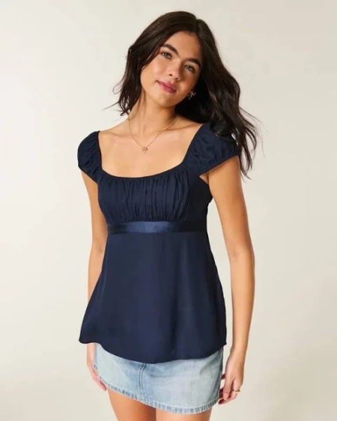 Easy Satin Tie Babydoll Top In Blue