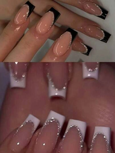 2Set(48Pcs)Long Square Glitter White & Black French Tip Acrylic Press On Nails Medium Design Fit Perfectly Acrylic Fake Nail Set,Include: 2Pcs Jelly Glue And 2Pcs Nail File,Easy To French Tip Nails For Women And Girls Daily Life Rave Party Use Nail Supplies Nails