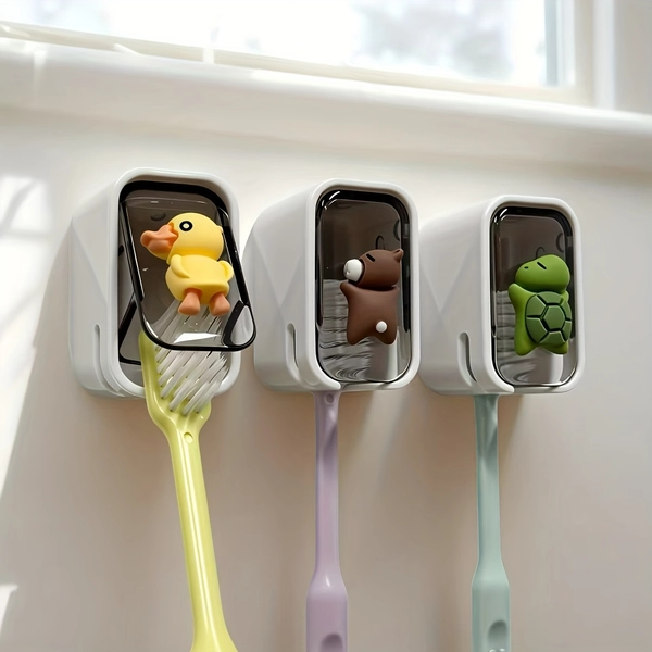 [Toothbrush Holder, 3 Designs] Wall-Mounted Toothbrush Holder with Adhesive Backing - No Drill Installation, 3 Animal Designs (Bear/Turtle/Duck), Ventilated Drainage System, Durable Plastic Bathroom Organizer for Modern Homes, Space-Saving Hygienic Storage, Toothbrush Holder for Bathroom, Playful Design, Easy Installation, Home Organization, Minimalist Decor, Sturdy Construction, Small Space Living