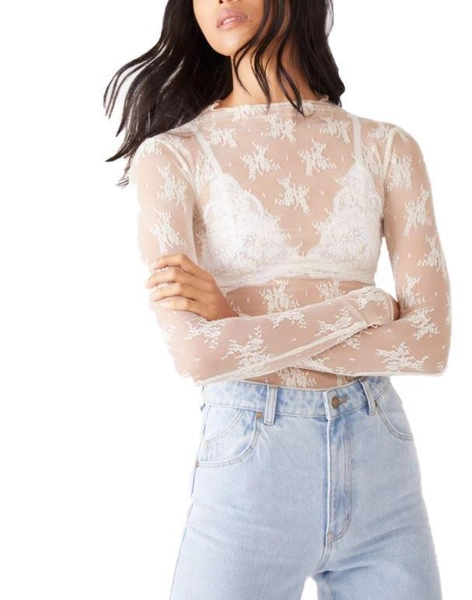 Women's Free People Lady Lux Long Sleeve Mock Neck Shirt Evening Creme XLarge