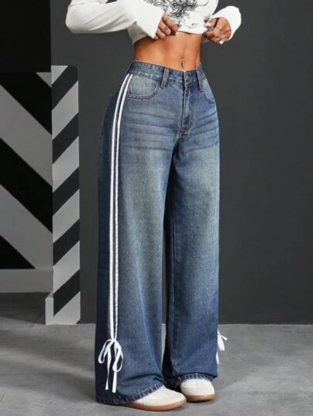 SHEIN PETITE Women's Side Stripe Pockets Wide Leg Loose Casual All-Match Jeans