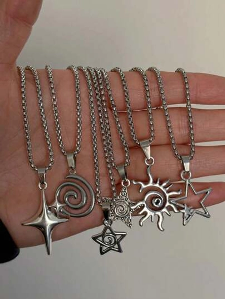 6pcs Vintage Gothic Stainless Steel Necklace With Punk Hala Pendants, Unisex Fashion Accessories, Suitable For Daily Wear And Special Occasions, Ideal Gifts For Valentine's Day, Easter, Halloween