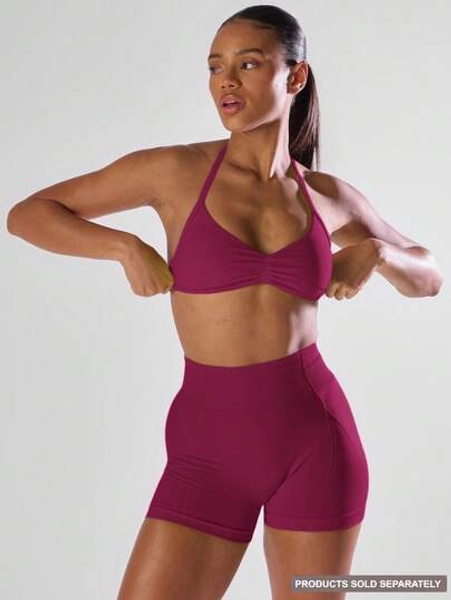 Musera Sport Solid Ruched Bust Open Back Halter Sports Bra, Active Comfy Workout Gym Running Run Club ,Padel, Tennis, Pickleball Gym