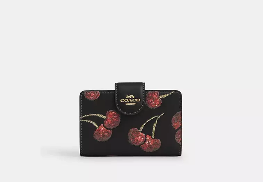 Gold/Black Multi Medium Corner Zip Wallet With Cherry Print