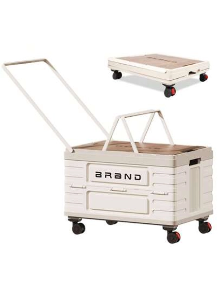 Folding Utility Cart Portable Rolling Crate Handcart Shopping Trolley Collapsible Tool Box With Wooden Lid, Basket On 4 Rotate Wheels, For Grocery, Office, Luggage, Teacher, Travel (White)