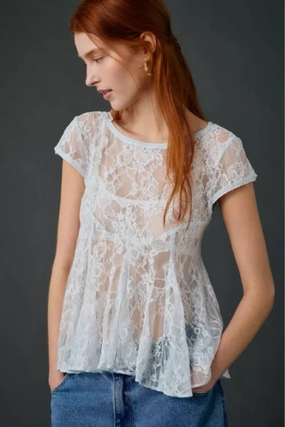 Kimchi white Eclipse Sheer Lace Short Sleeve Babydoll Top