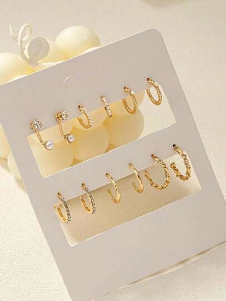 1set 6pairs Fashionable Sweet & Graceful Metal Multi-Piece Set Inlaid With Artificial Gemstone Delicate Earring Set Suitable For Women's Daily Wear