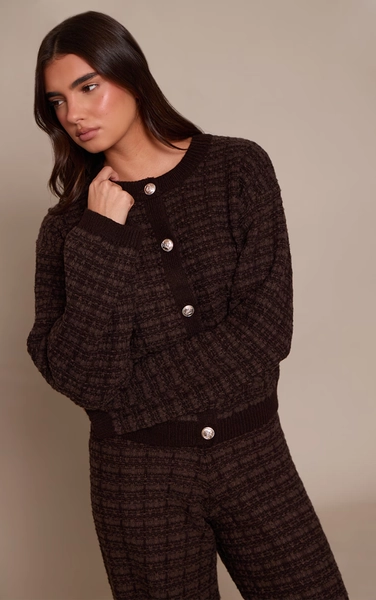 Chocolate Boucle Knitted Button Up Cardigan | Knitwear | PrettyLittleThing USA