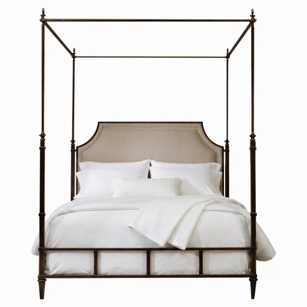 Arden Updated Traditional Cream Linen Bronze Metal Canopy Bed - Queen