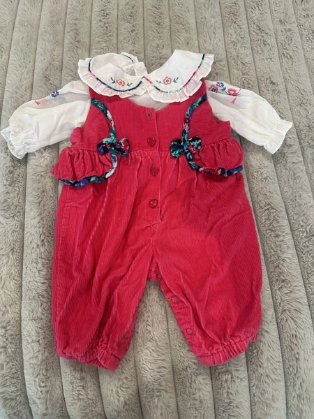 Vintage 80s 3-6M Baby Girl PinkCorduroy Jumper + Embroidered Floral Blouse