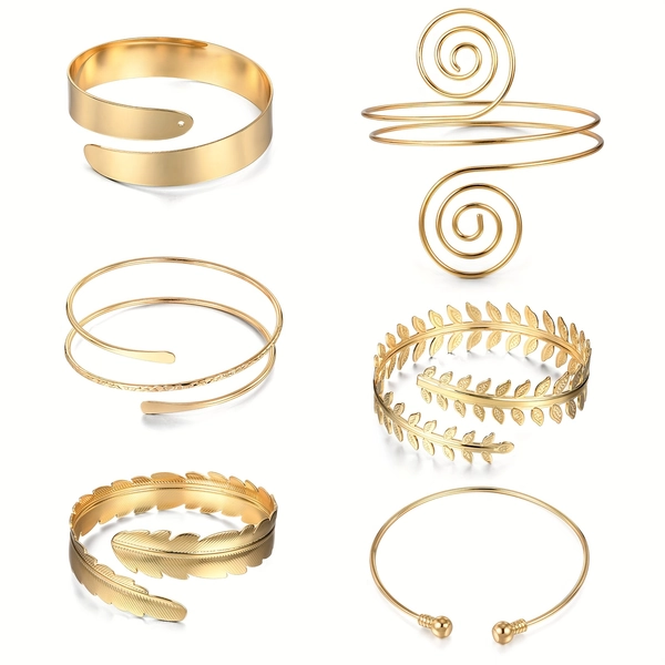 5/6pcs Stainless Steel Arm Rings Combination, Feather, Leaf Multi-Style Body Piercing Accessories, Fashionable and Trendy Wearable Comfortable Essential for Summer