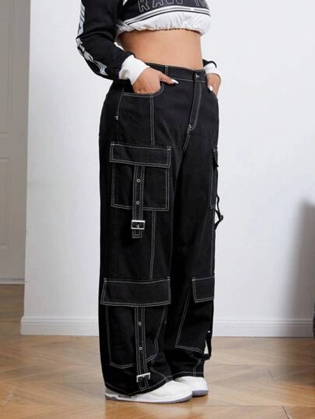 SHEIN ICON Plus Size Women Cargo Pocket Wide Leg Loose Denim Casual Pants