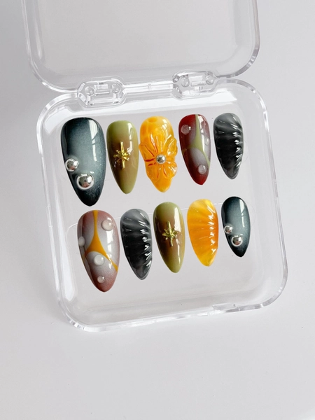 3D Flower Press On Nails: Colorful Graffiti Faux Acrylic Gel Nails