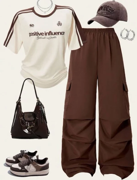SHEIN Teenage Girls' Trendy Loose Fit Cargo Pants T-Shirt Set
