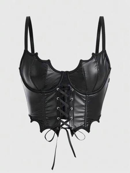 ROMWE Goth Women's Underwire & Pu Fabric Bat Edge Corset Crop Top