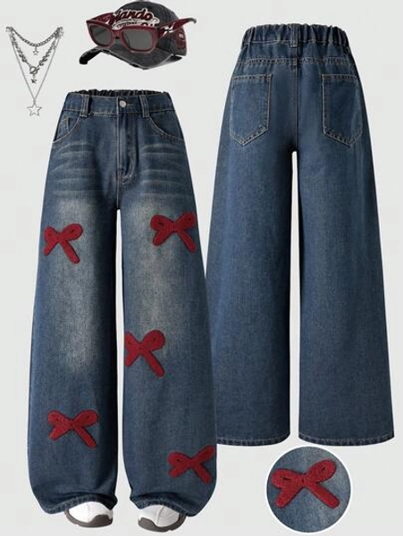 Big Tween Girl Butterfly Embroidered Wide Leg Jeans