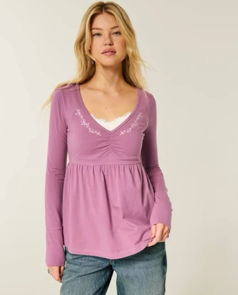 Women's Long-Sleeve Pinch Bust Babydoll Top