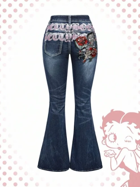 Romwe Women's Y2k Retro Distressed Betty Embroidery Flare Jeans