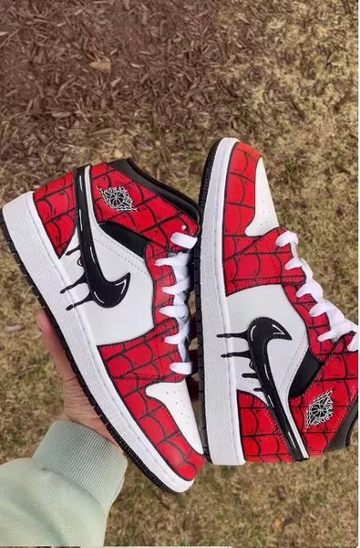 Custom Spider-Web Air Jordan 1 Mid – Hand Painted Red & Black Comic Style Sneakers - Custom Jordan 1s