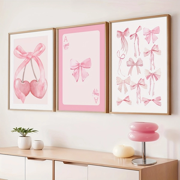 Frameless/3pcs Set, Stylish Pink Bow Wall Art Deco Painting, Cute Girl Dormitory Decorative Canvas Poster, Room Decoration, Bathroom Decoration, Ideal Home Creative Gift, Suitable for Study, Living Room, Bedroom